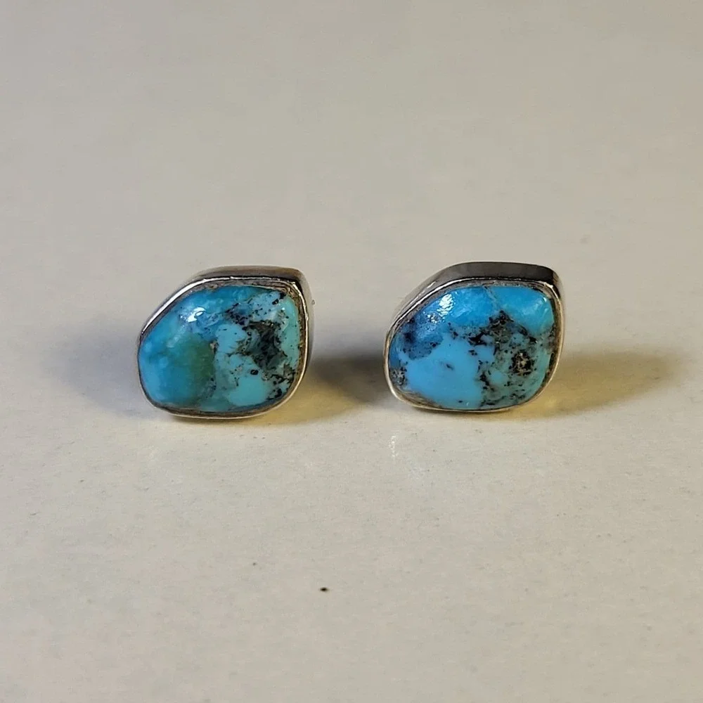 925 Sterling Silver Turquoise Bezel Stud Earrings Vintage Blue Marked